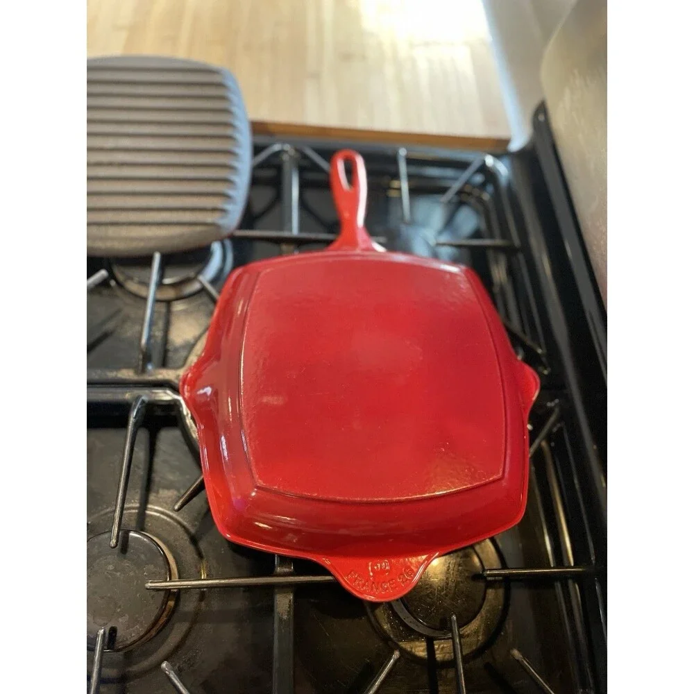 Vintage Le Creuset #26 Red Square Grill Pan France + Cast Iron Panini Press
